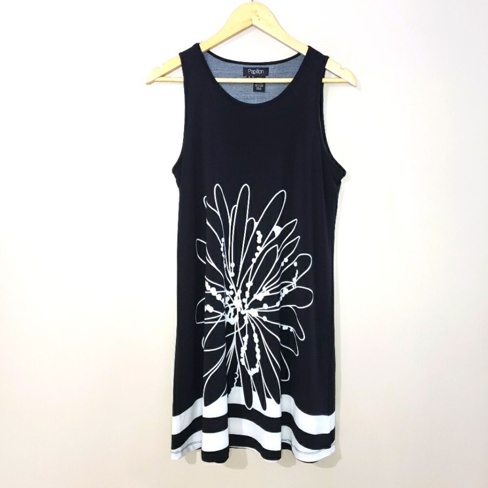 Papillon Small Black And White Sleeveless Floral Print Mini Dress Tunic